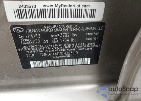 2013 Hyundai Elantra Gls из США, поврежденный, VIN 5NPDH4AE3DH323110